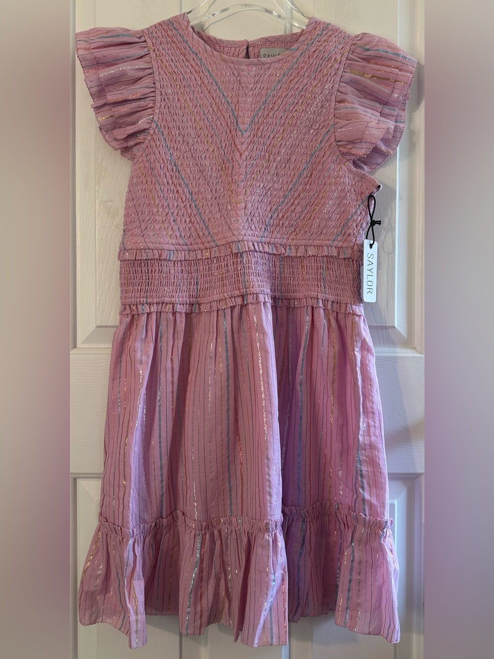 SAYLOR Med Feminine Romantic Zinnia Lavender Metallic Cotton Smocked Mini Dress - Picture 4 of 16